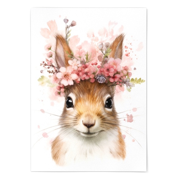 Watercolor Floral Squirrel Portrait Wall Art Illustration Print Poster Unframed - Picture 2 of 6